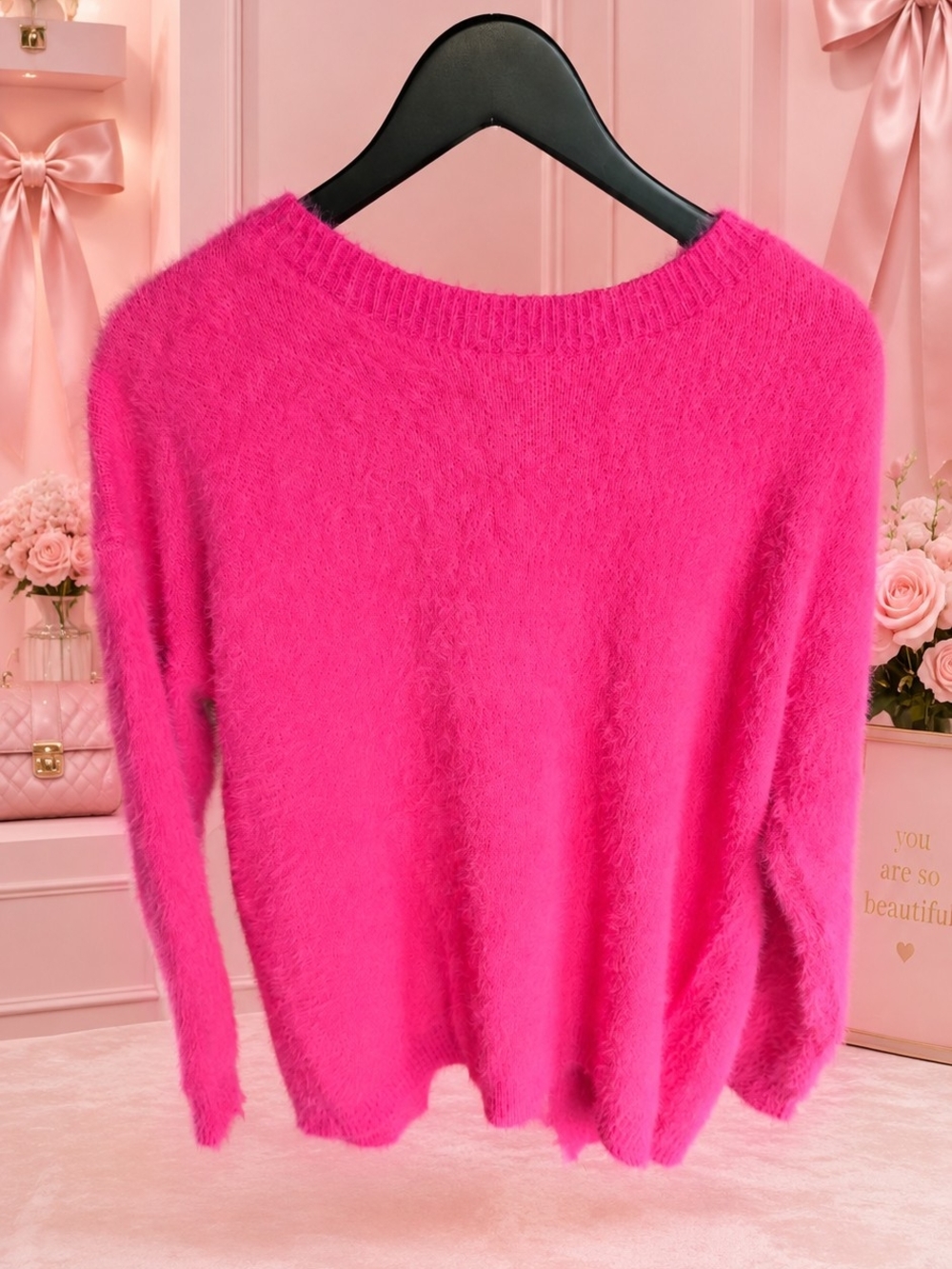 eesome Bright Hot Pink Fuzzy Crewneck Sweater
